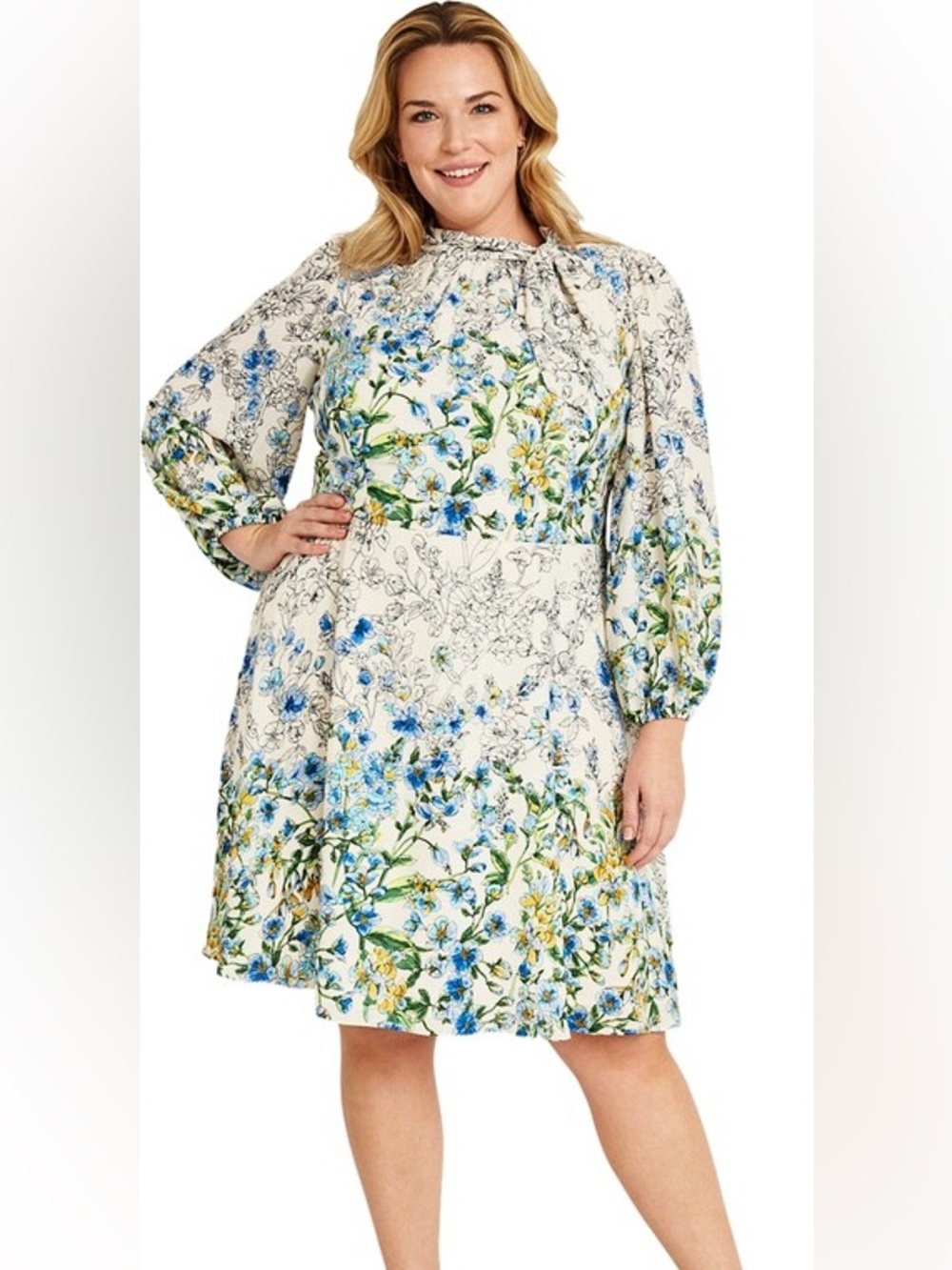Maggy London White Floral Long-Sleeve Shift Dress with Blue and Green Print